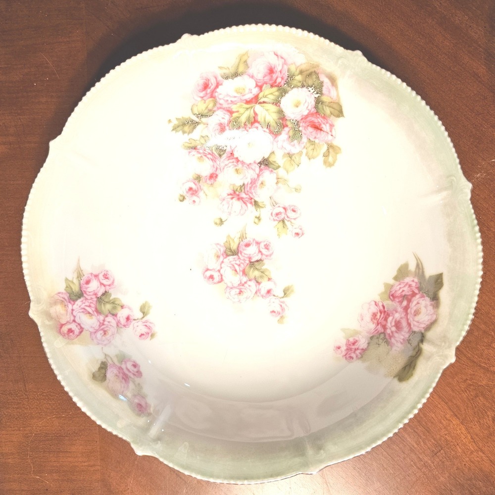 Antique Bavaria Porcelain Pink Rose Serving Bowl Scalloped Beaded Rim 10 Inch